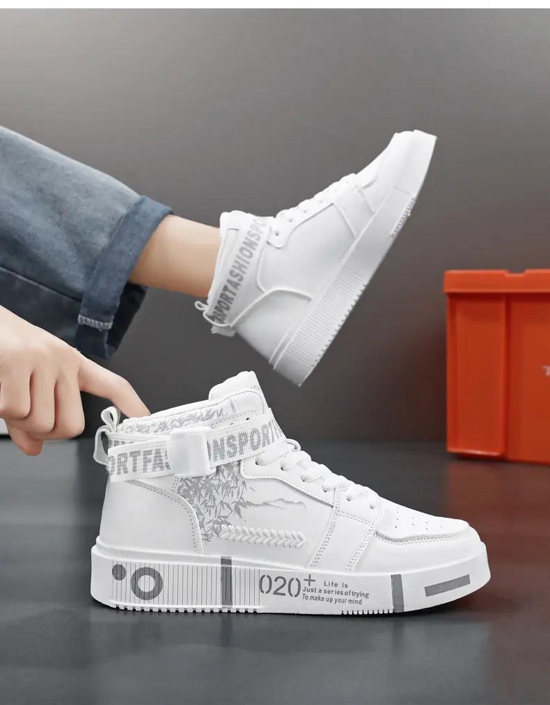 Unisex High-Top Skateboarding Shoes, Solid Color PU Upper, Fabric Inner, Rubber Sole, Lace & Buckle Closure, for Men and Women