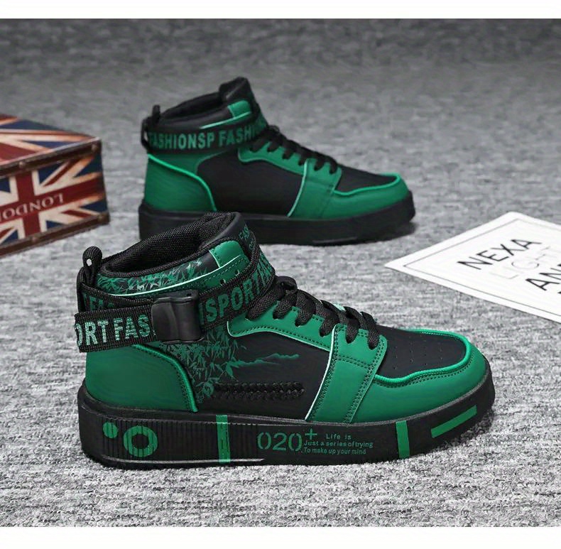 Unisex High-Top Skateboarding Shoes, Solid Color PU Upper, Fabric Inner, Rubber Sole, Lace & Buckle Closure, for Men and Women