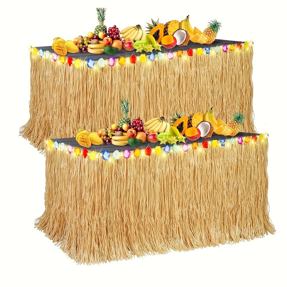 

2pcs Hawaiian Luau Grass Table Skirt Hibiscus Flowers Hula Skirts Jungle Tropical Hawaiian Party Decor For Bar Themed Birthday Party, Straw Yellow