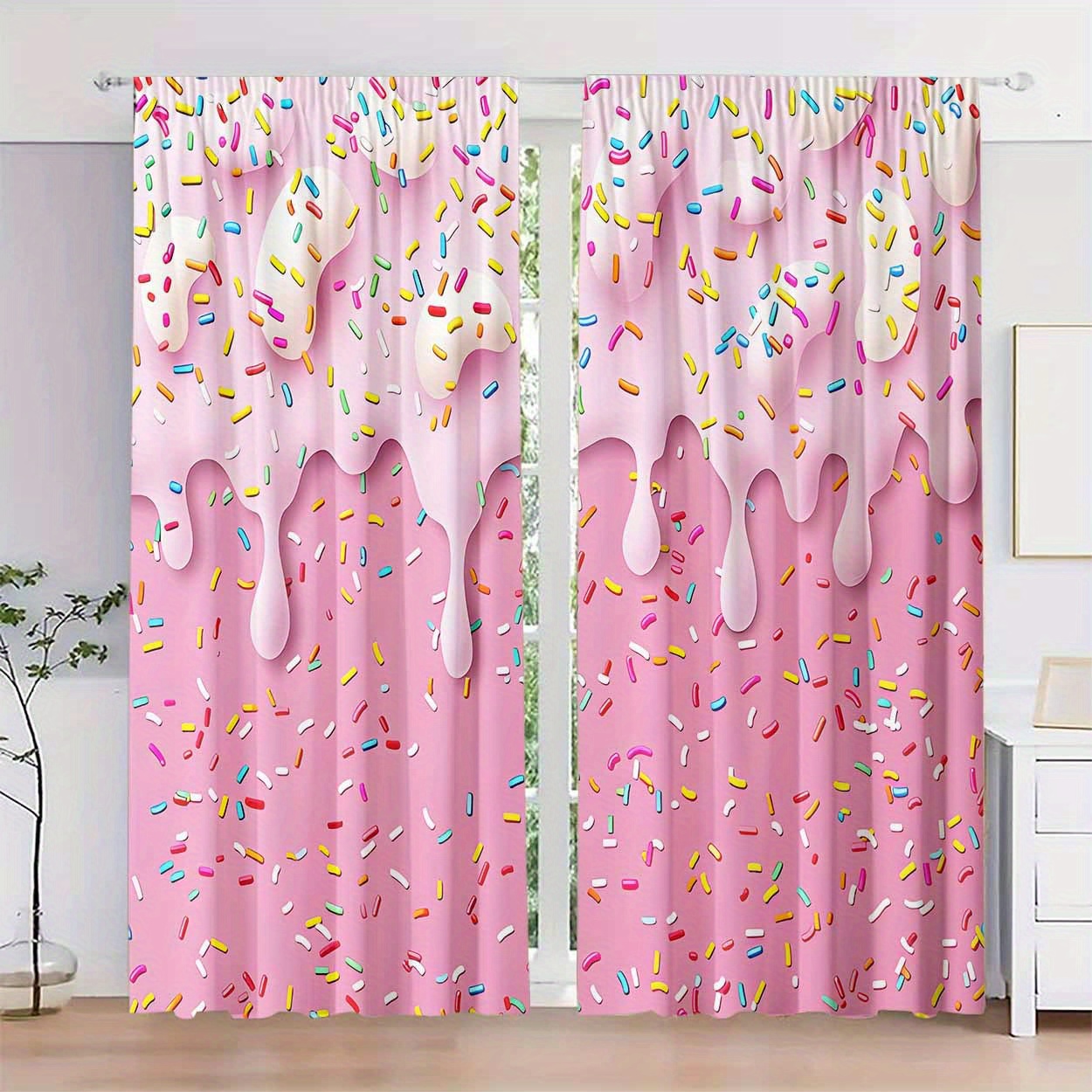 

2pcs, Polyester Material, Hd Digital Printing Dessert Pattern Print, Light Filtering Curtain, Suitable For Bedroom, Living Room, Office And Home Decoration, Pole , Suitable For Pole