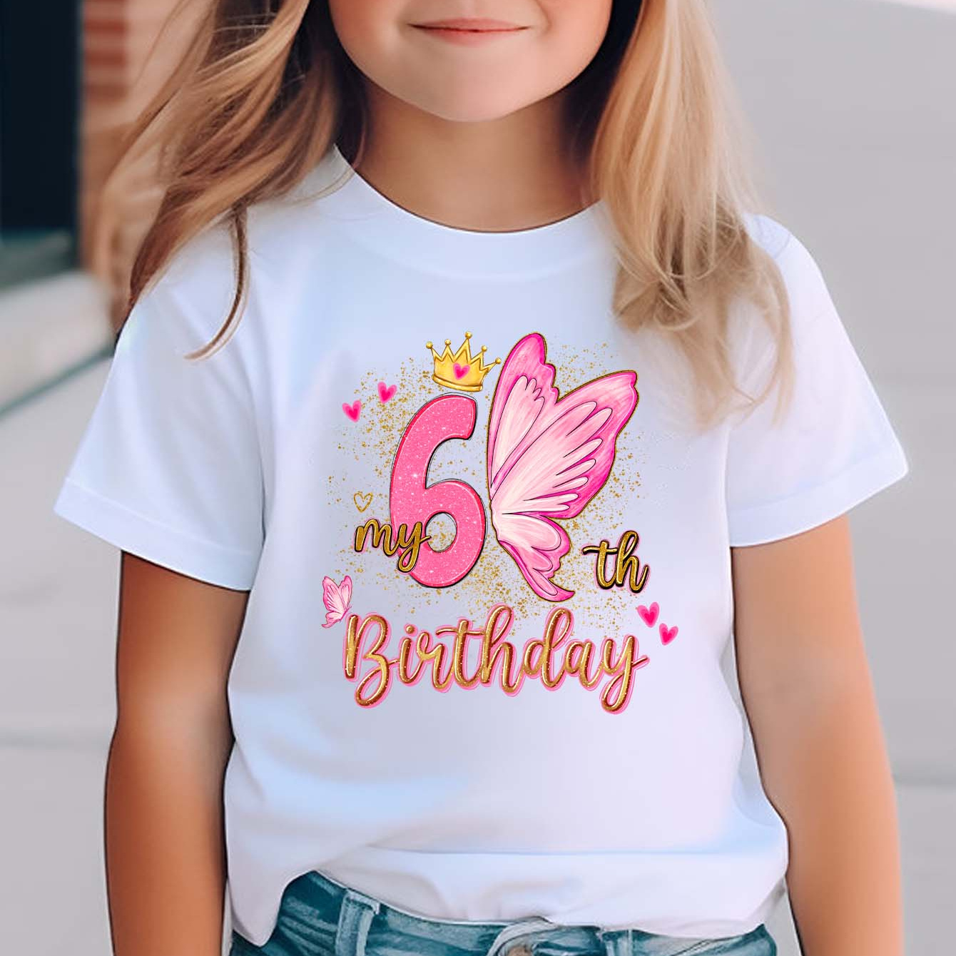 

Kids' 6th Birthday Crown & Butterfly Graphic T-shirt | 100% Cotton Knit Fabric | Regular Fit | Crew Neck Short Sleeve Casual Top | Summer Wear For Children 12 & Under