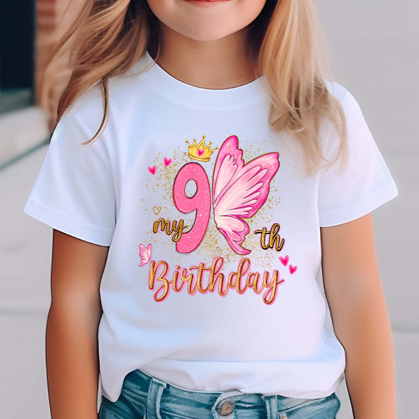 

Adorable 'my 9th Birthday' Graphic Tee For Girls - Soft Cotton, Short Sleeve, Round Neck Casual Summer Top