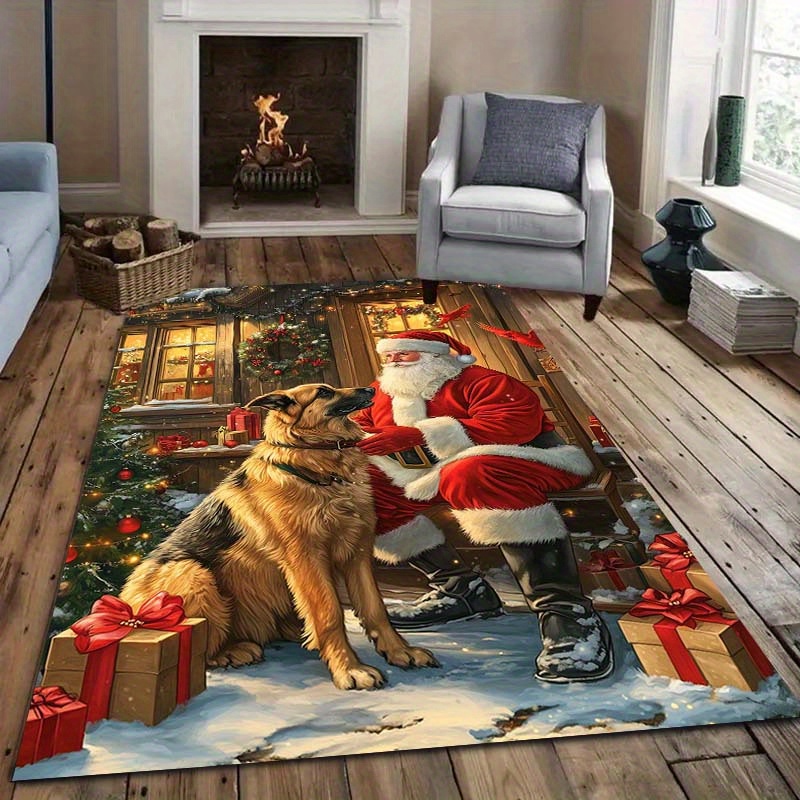 

Vintage Santa & German Shepherd Carpet - High- Heat Transfer, Office And Home Decor, Polyester, Rectangular Shape, Christmas Carpets For Living Room