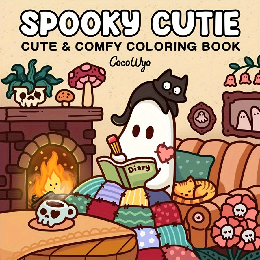 

Spooky Cuteie & Cozy Coloring Book - With Cat, & Mushrooms, Relaxation , Paper Material, 2d, Room Decor