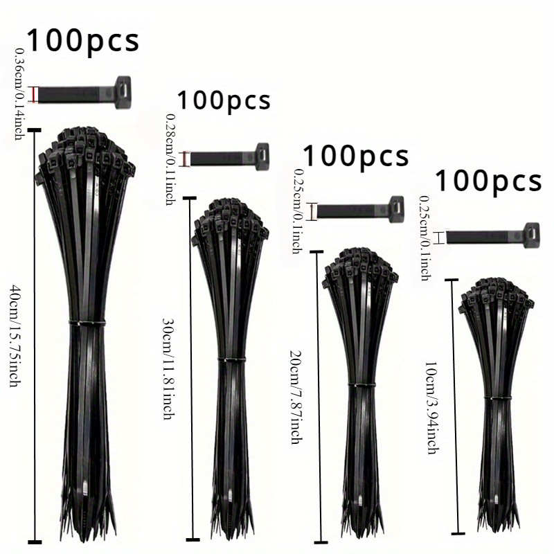 100pcs Black Cable Ties - 4 Sizes (10.16cm, 20.32cm, 30.48cm, 40.64cm) - Durable, UV-Resistant & Self-Locking for Home and Office Cord Organization