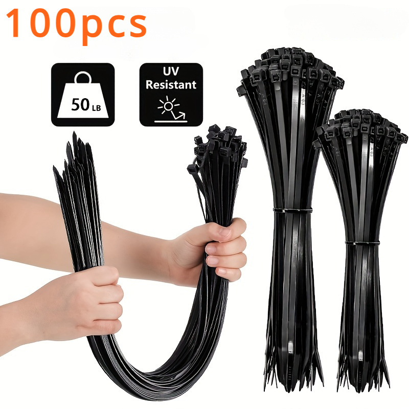 100pcs Black Cable Ties - 4 Sizes (10.16cm, 20.32cm, 30.48cm, 40.64cm) - Durable, UV-Resistant & Self-Locking for Home and Office Cord Organization