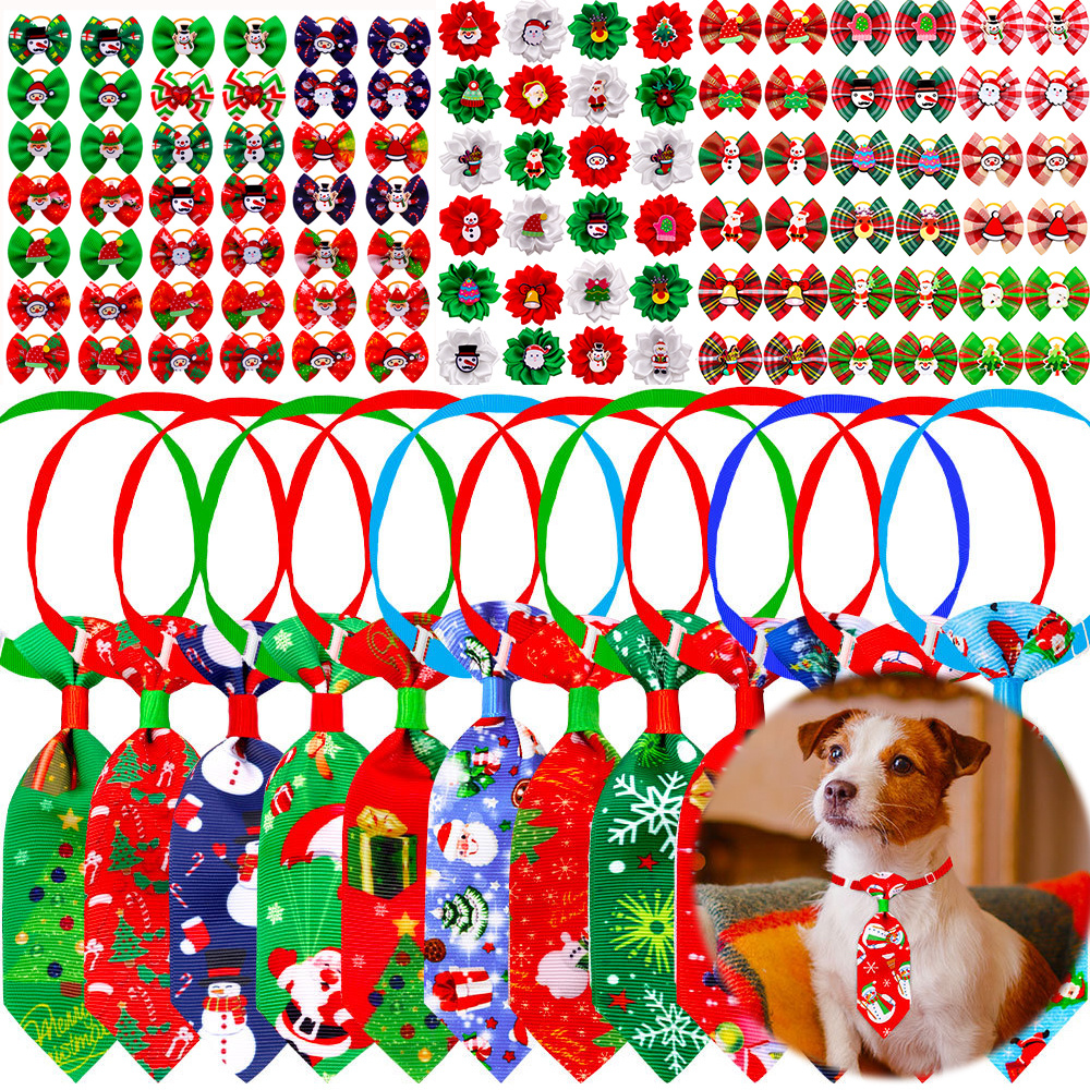 

20pcs Christmas Pet Accessory Set - Adjustable Holiday-themed Collars With Santa, , And Gift Patterns - Polyester Bow Ties & Headbands For