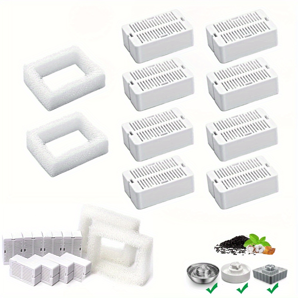 TEMU 10 Pcs Pet Fountain Replacement Filters 8 Pcs High Efficiency Water Purifying Fountain Activated Carbon Filter 2 Pcs Sponge Pre-filter For Ceramic Pet And Stainless Steel Pet Fountains