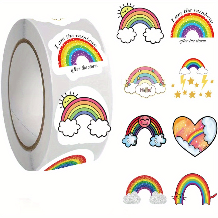 Image of 500pcs Rainbow Sticker Roll - Cute Cartoon Aesthetic Decals, Self-adhesive For Scrapbooking, Envelopes, Water Bottles & Crafts, 1-inch Labels In 10 Patterns