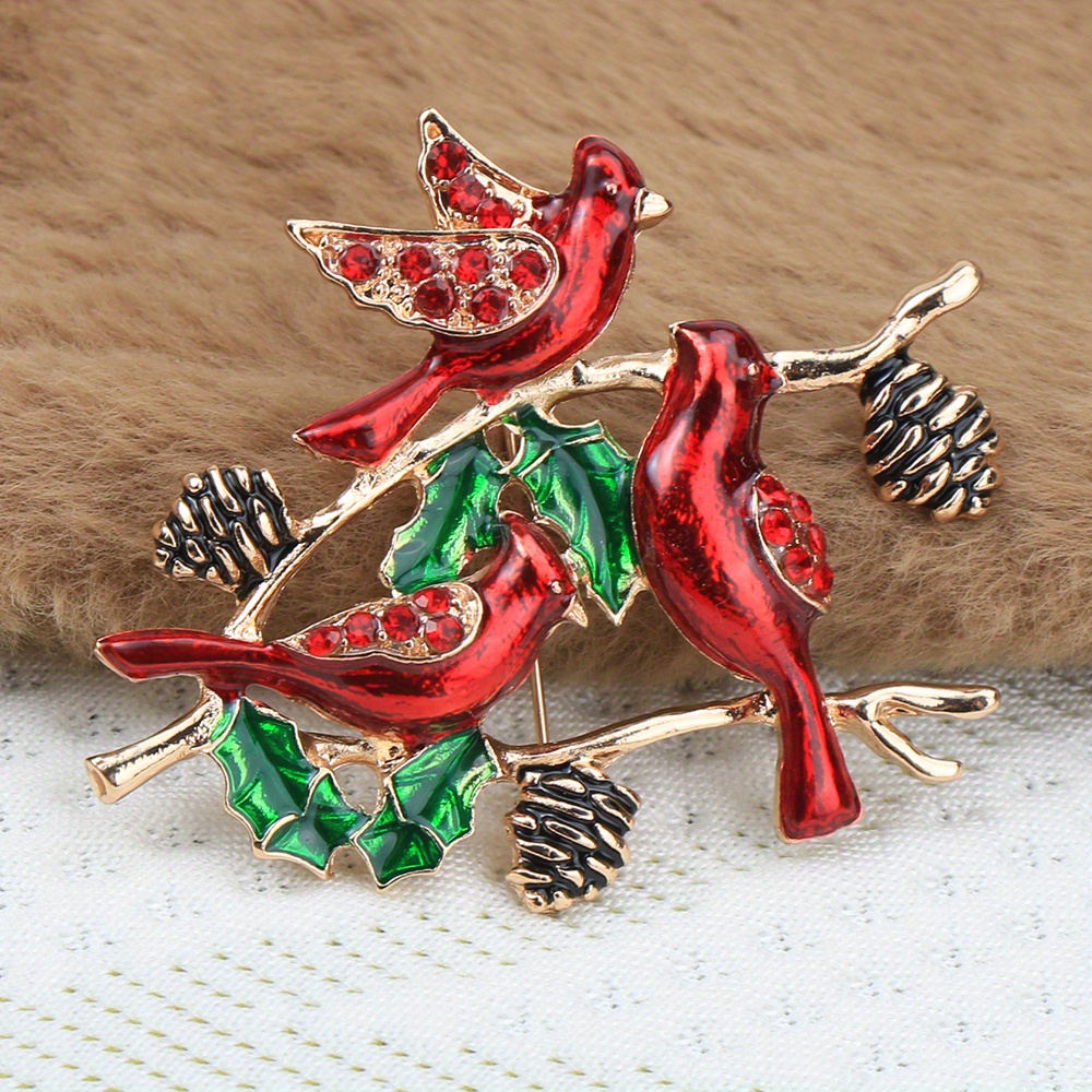 

1pc Zinc Alloy Drip Oil Branch Brooch, 3d Fashionable Red Birds With Green Holly, Retro Creative Women's Clothing Accessory, No Power Required, Jewelry For Ladies