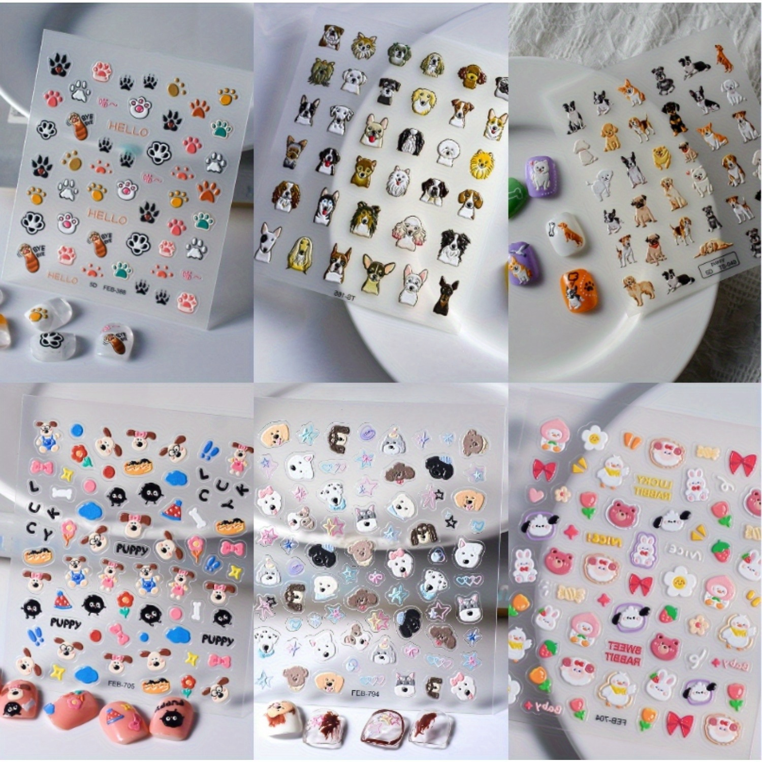 

6pcs 5d Embodying Nail Art Stickers Cute Cartoon Puppies And Other Animal Prints Embodying Self-adhesive Nail Stickers Designed For Decorative, Female Nail Art Dly