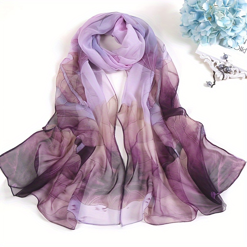 

Elegant Lotus Print Chiffon Scarf For Women - Yarn-dyed, Printed Polyester With Sun Protection And Mosquito Prevention - Casual Long Ribbon Shawl For Weekend Wear - Decorative, Non-stretch, Washable