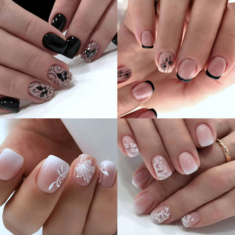 TEMU 96pcs (4pack) Black Nail With Sparkling Rhinestones, Flower Pattern - Short Square, Glossy Surface, Including Jelly Glue And Nail Files, Nail Rhinestones