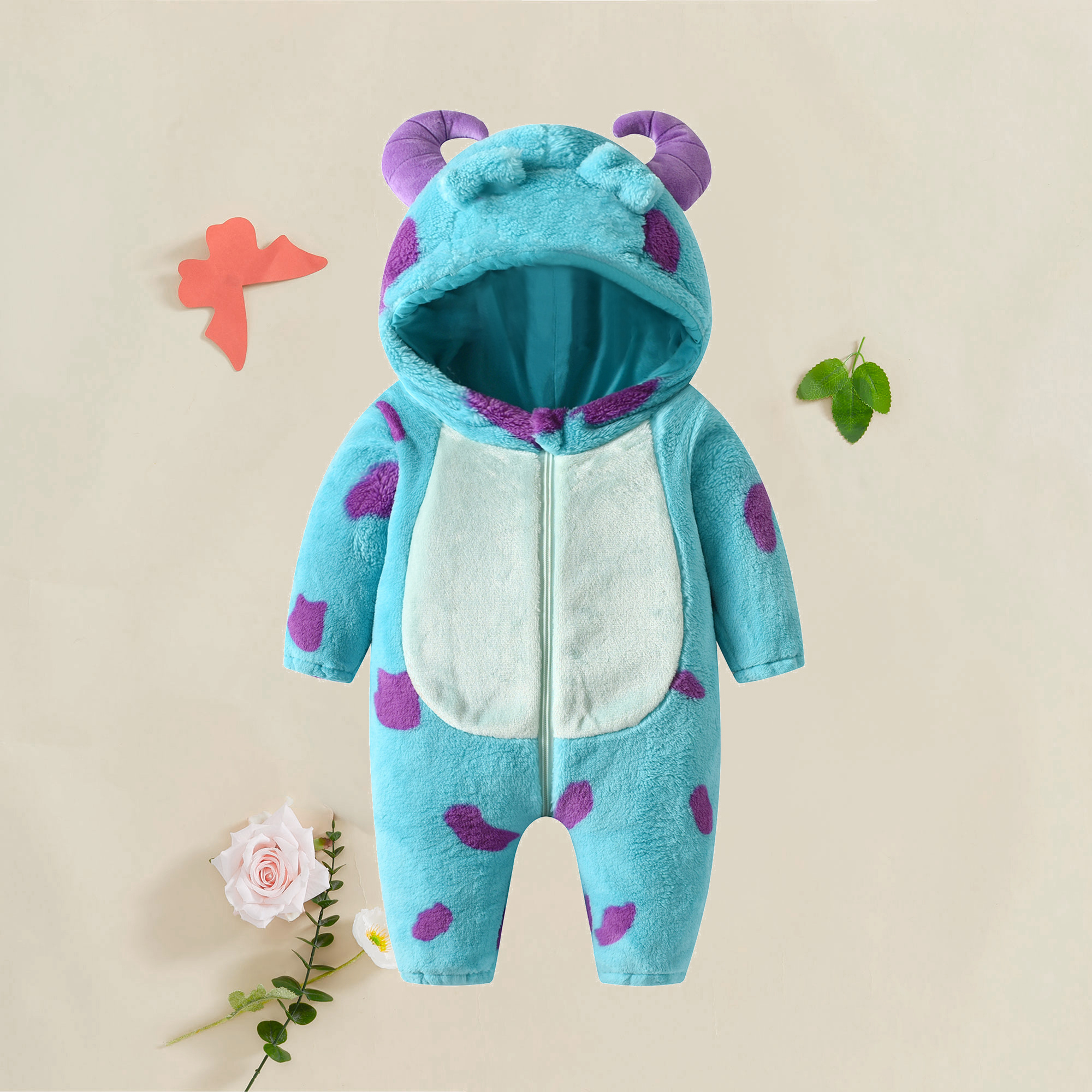 

Infant Fleece Jumpsuit Cartoon Animal Horn Hooded Warm Thicken Winter Rompers Outwear Snowsuit For Baby Girls And Boys