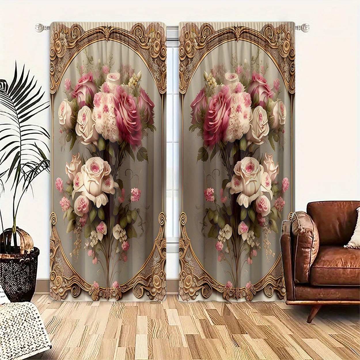 

Elegant Floral Curtains - 2pcs Set, Light-filtering Polyester Drapes For Bedroom, Living Room, Office & Home Decor, Rod Curtains For Living Room