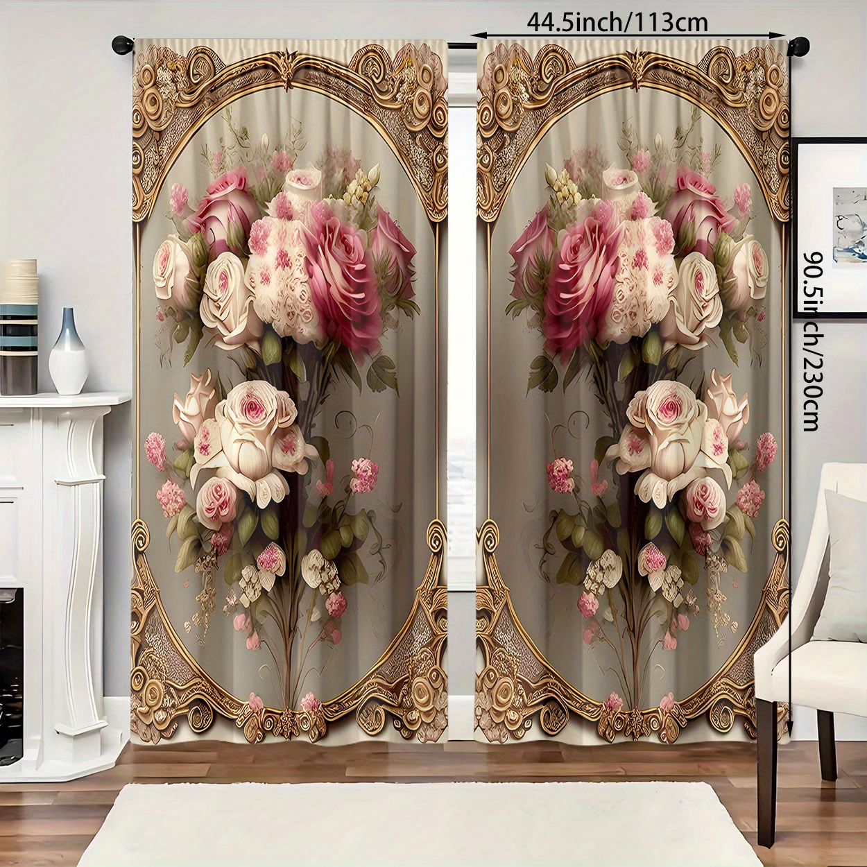 TEMU Elegant Floral Curtains - 2pcs Set, Light-filtering Polyester Drapes For Bedroom, Living Room, Office & Home Decor, Rod , Curtains For Living Room