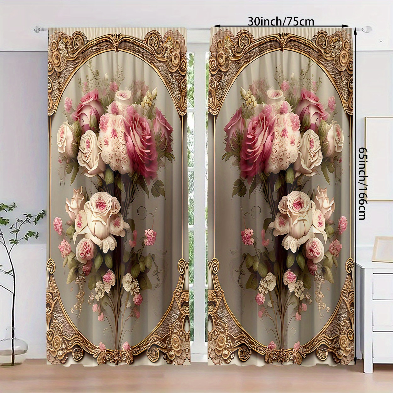 TEMU Elegant Floral Curtains - 2pcs Set, Light-filtering Polyester Drapes For Bedroom, Living Room, Office & Home Decor, Rod , Curtains For Living Room