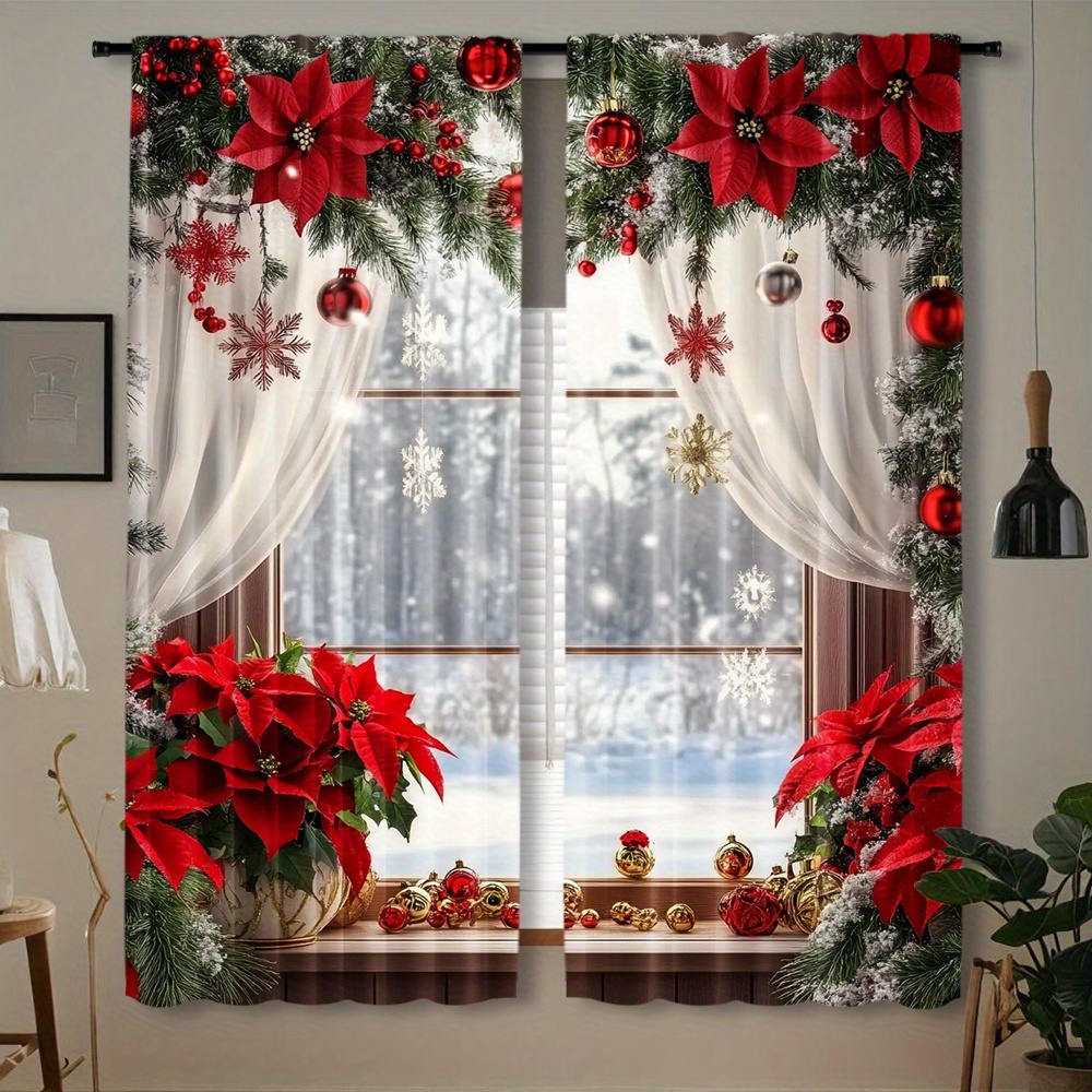 

2pcs Christmas Curtains With 3d Floral & Ornament Design, Rod Pocket, Semi-transparent Polyester - Living Room, Bedroom, Office Holiday Decor, Curtains For Living Room