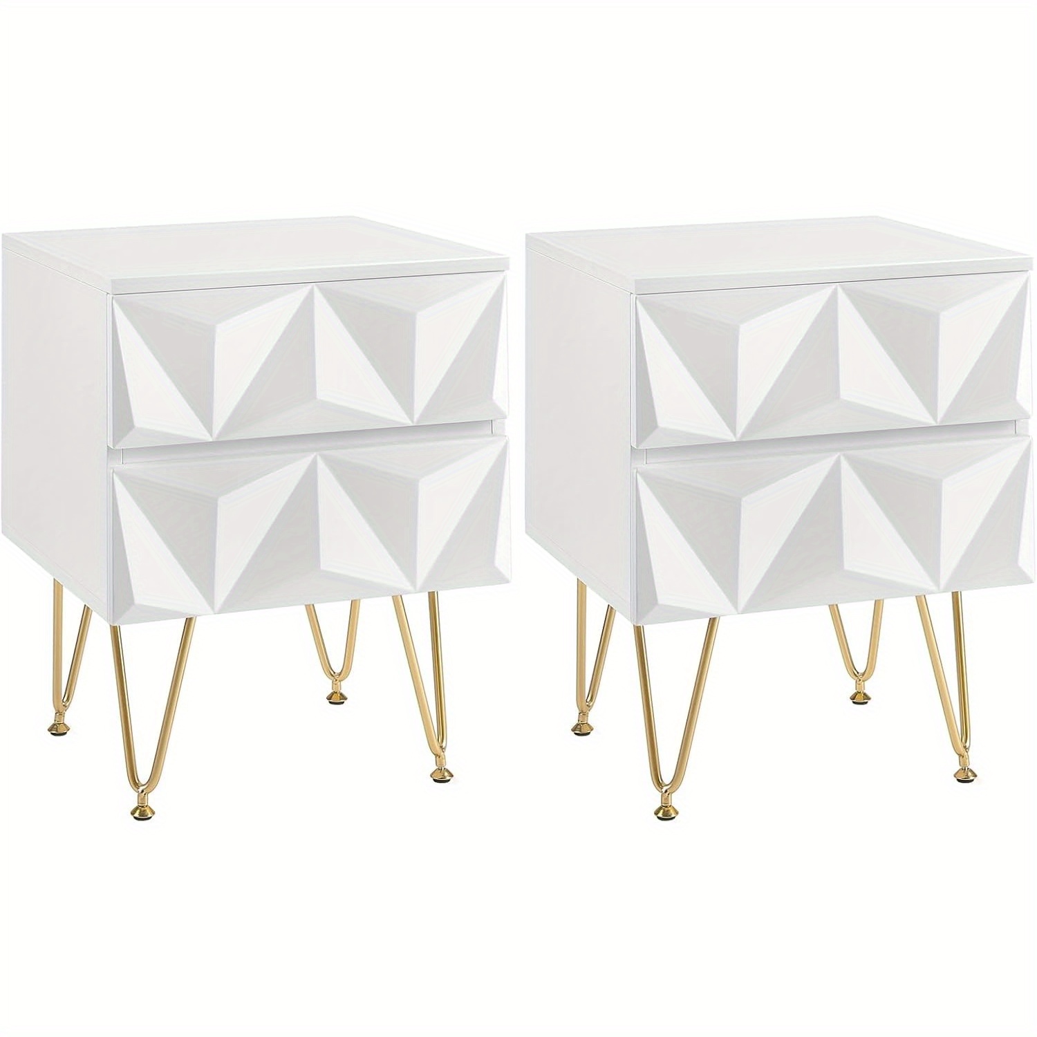 1pc 2pcs Bedside Table With 2 Drawers, 3d Effect Design, Side Table, Nightstand, 40x53x40 Cm, For Box Spring Bed, Bedroom, Decoration, White + Golden