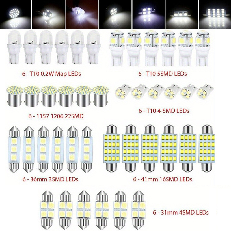 

Kit de 42 pièces de LED de carte de porte de plaque d'immatriculation en SMD - T10, 1157, 31mm, 36mm, 41mm pour intérieur des véhicules 12V, lampes de plafond, compatible avec divers modèles