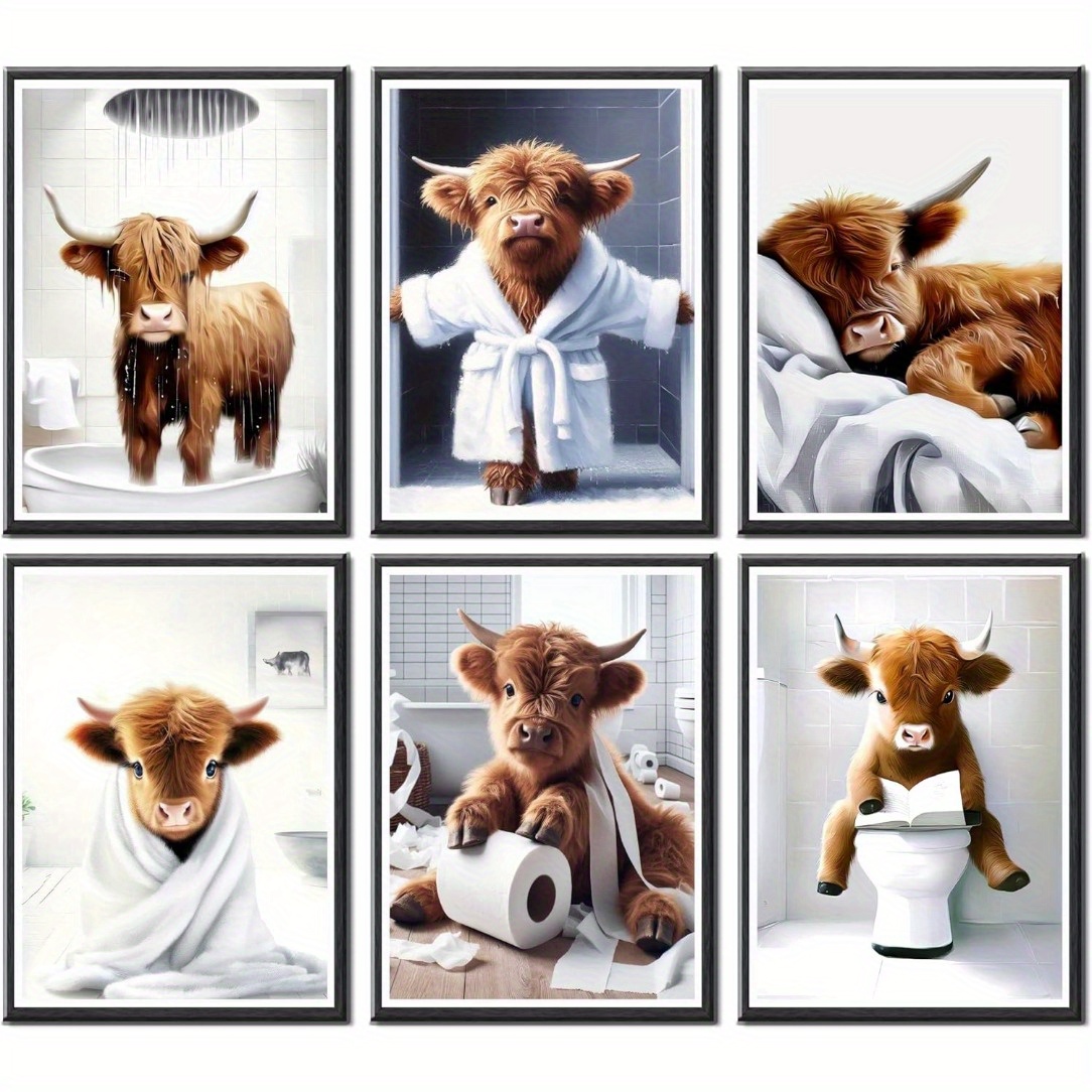 

Set Of 6 Highland Cow Humorous Bathroom Art Prints, Frameless 8x10inch Decor, Funny Brown Cattle Bathtub And Toilet Wall Art For Restroom Decoration