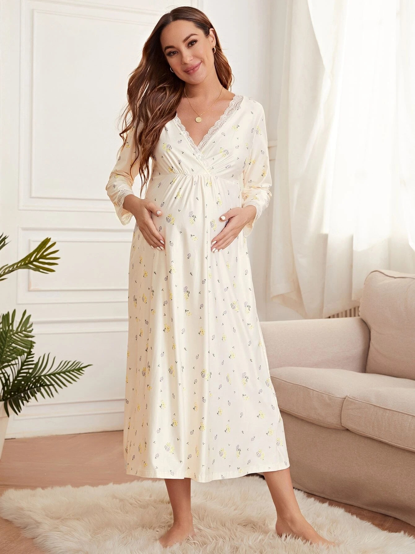Pregnant Women's Home Sleepwear Casual Nightgown Long Sleeve Dress Autumn Skirt Comfortable Autumn Wear Maternity Wear Nursing