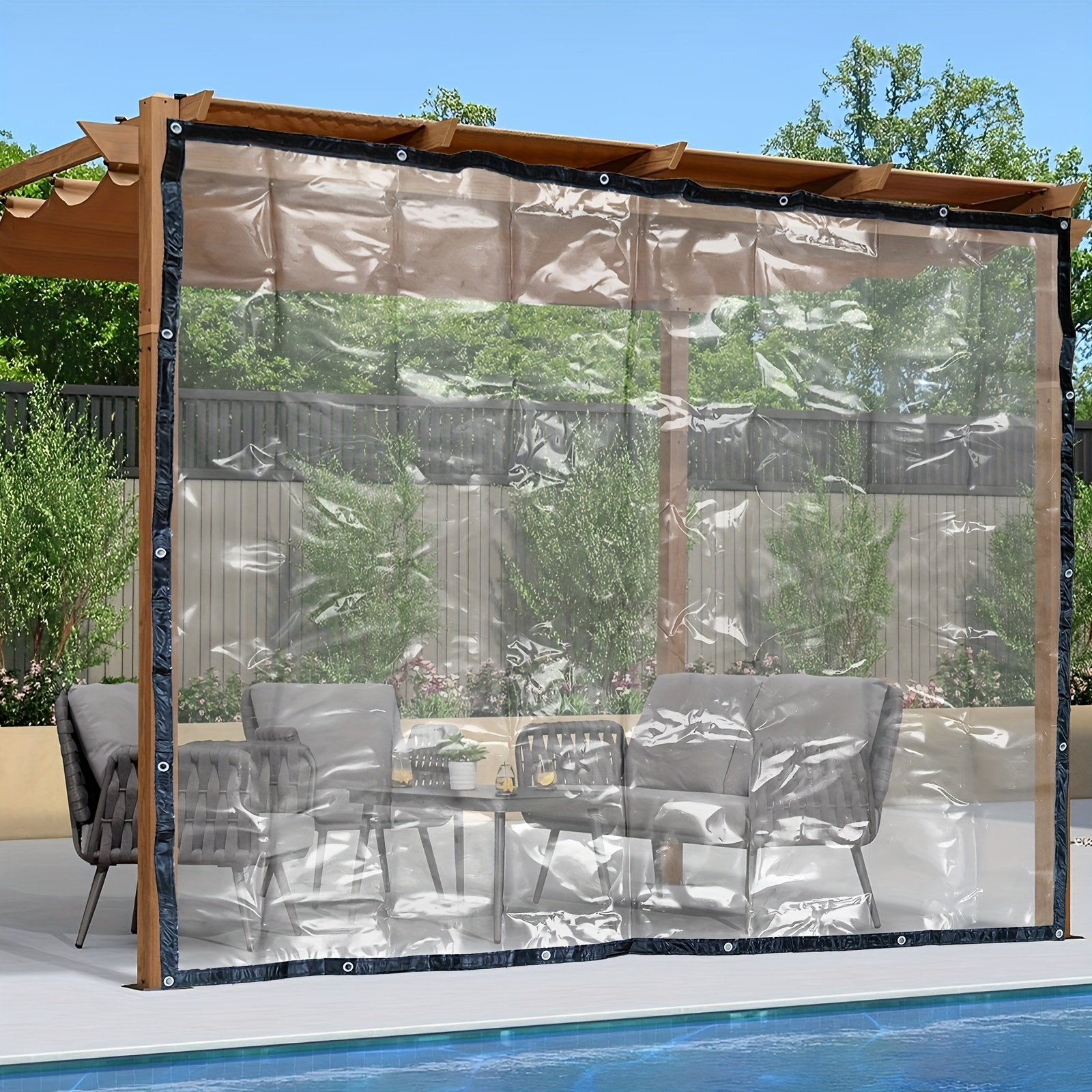 

Bâche en PVC de 8x10ft - Imperméable, Résistante au Soleil et à la Poussière avec Bordure Marron Élégante pour Couvertures de Patio, Enceintes de Terrasse, Auvents et Protection de Meubles d'Extérieur