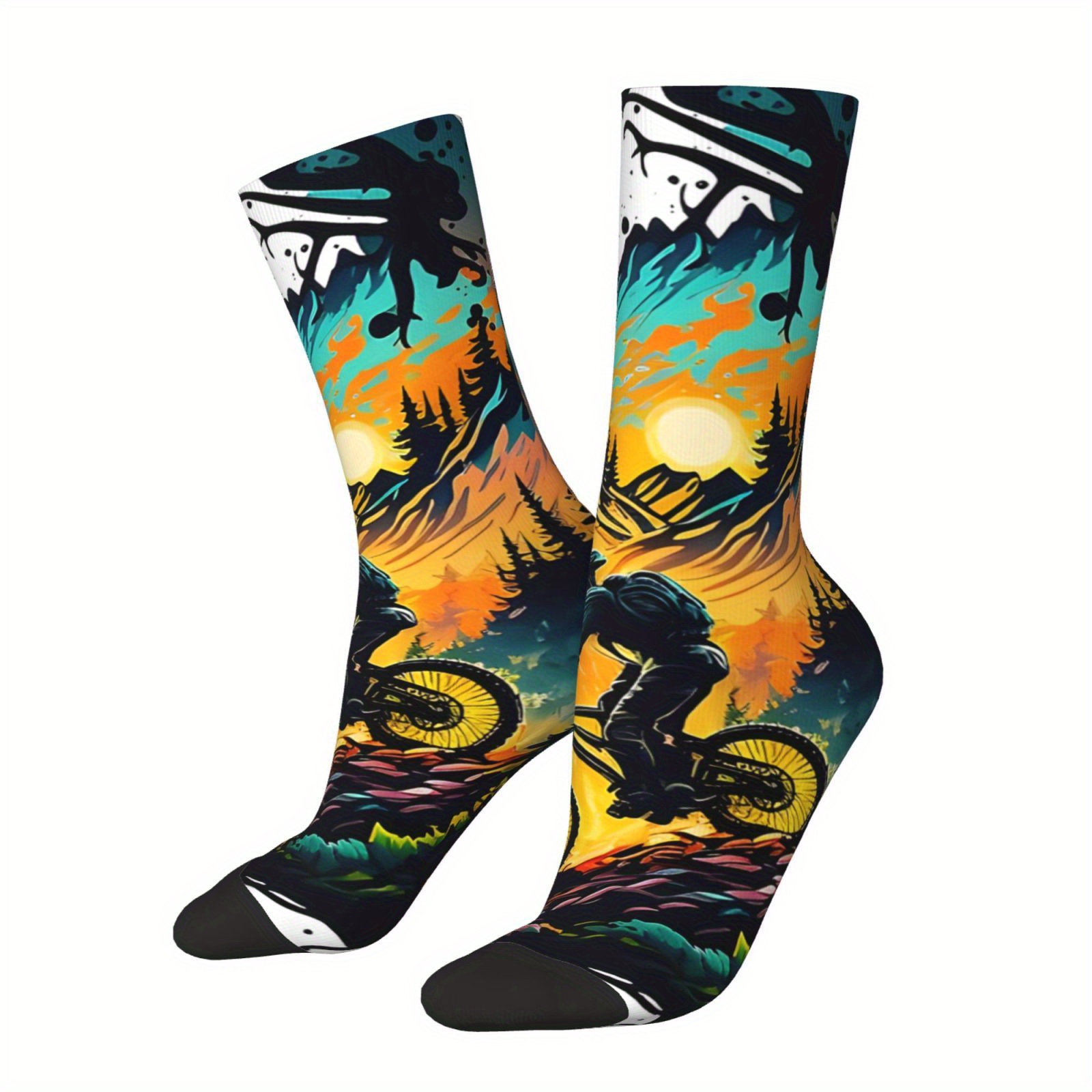 

1 Pair Men's Crew Cycling-themed Knit Fabric Footwear, Polyester Blend, Mountain Biking Scenery Printed, Casual Novelty Seamless Outdoor Apparel, Machine Washable - Gift For Bike Enthusiasts