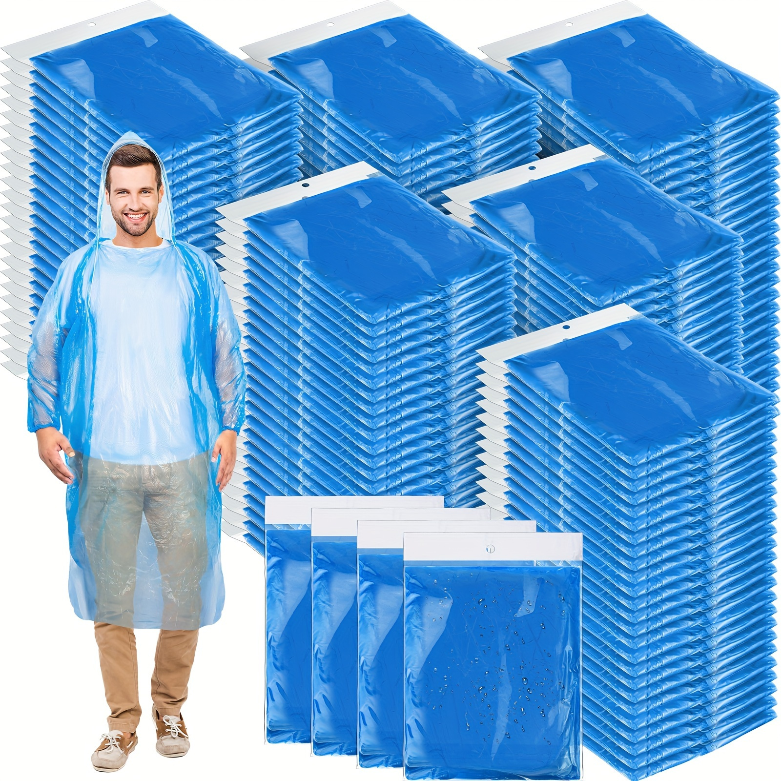 Image of 10pcs Emergency Disposable Raincoats | Unisex Blue Plastic Ponchos With Hoods | Waterproof & Transparent | Ideal For Outdoor Activities, Work, And Cleaning | Compact Packaging For