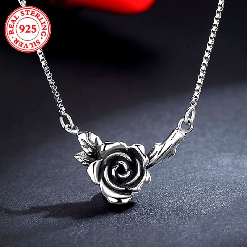 

New Elegant Retro Style Black Rose Pendant Necklace, Made Of 925 Sterling Silver Material - Suitable For Daily And Holiday Wear