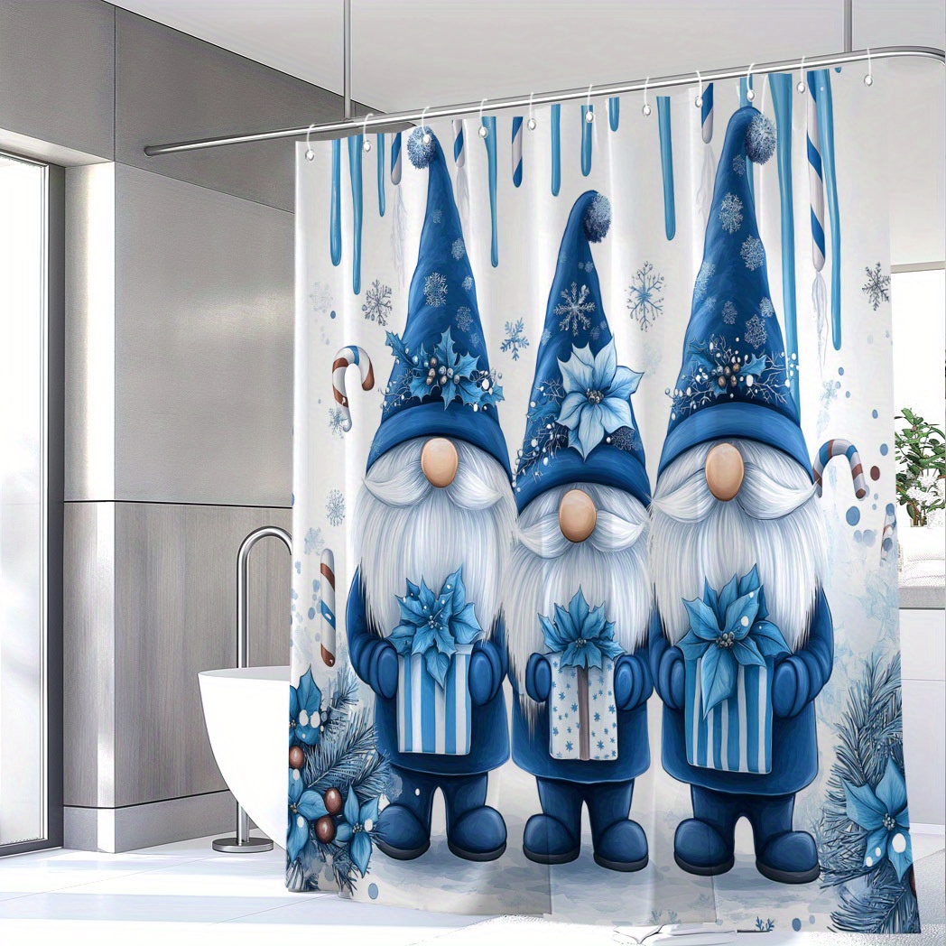 

Christmas Cheer Blue Dwarfs & Gifts Shower Curtain - Waterproof Polyester With 12 Hooks, Machine Washable, Bathroom Decor, 71x71 Inches