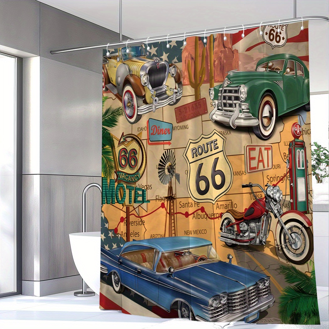 

Vintage Route 66 Motel Shower Curtain: 71" X 71" Printed Polyester, Waterproof, Hooks Included, Retro-style Bathrooms