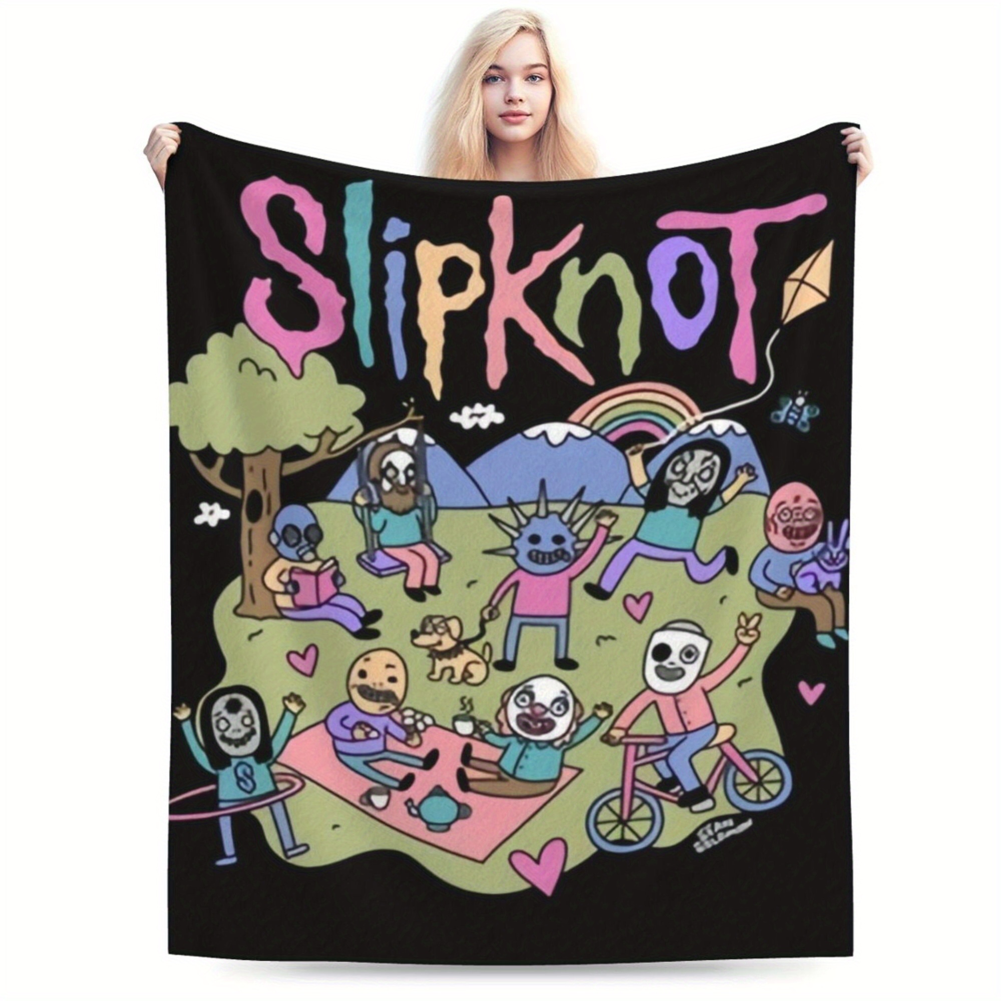 

Slipknot Collaboration Style Anime-themed Throw Blanket - Comfort, Non-woven Polyester, Multipurpose Gift For Home And Office Decor, Sofa Accent, Travel Blanket - Mixed Color