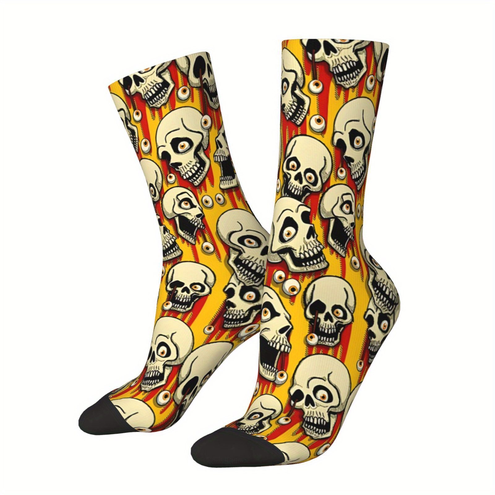 

1 Pair Vintage Skulls & Eyeballs Pattern, Hip Hop Crazy Men's Socks, Unisex Seamless Printed Funny Novelty Crew Socks, , Polyester , Machine Washable, Men's Novelty Socks Gift