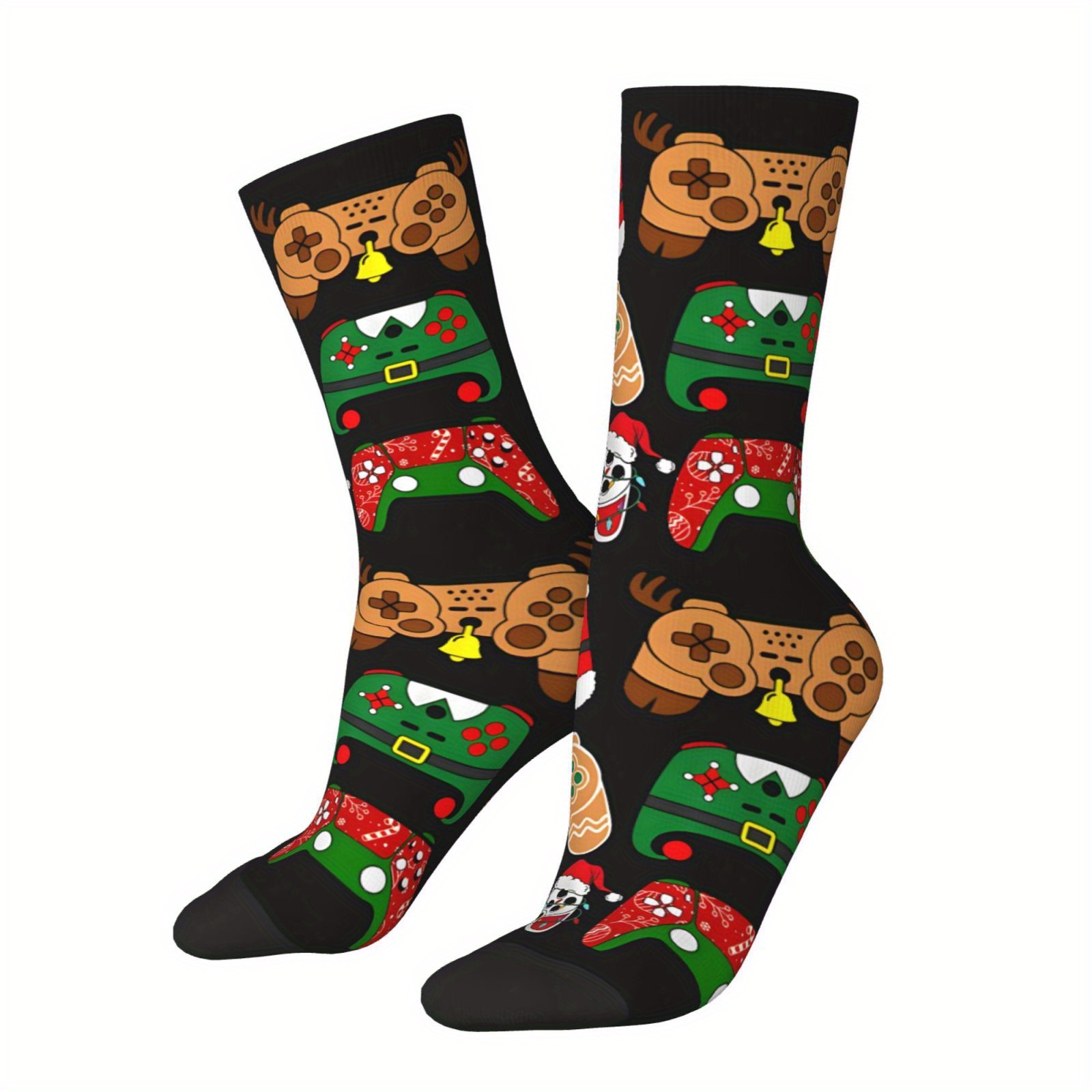 

Holiday , Men's Novelty Christmas Santa & Video Game Controller Crew Socks - Retro Style, Breathable Polyester