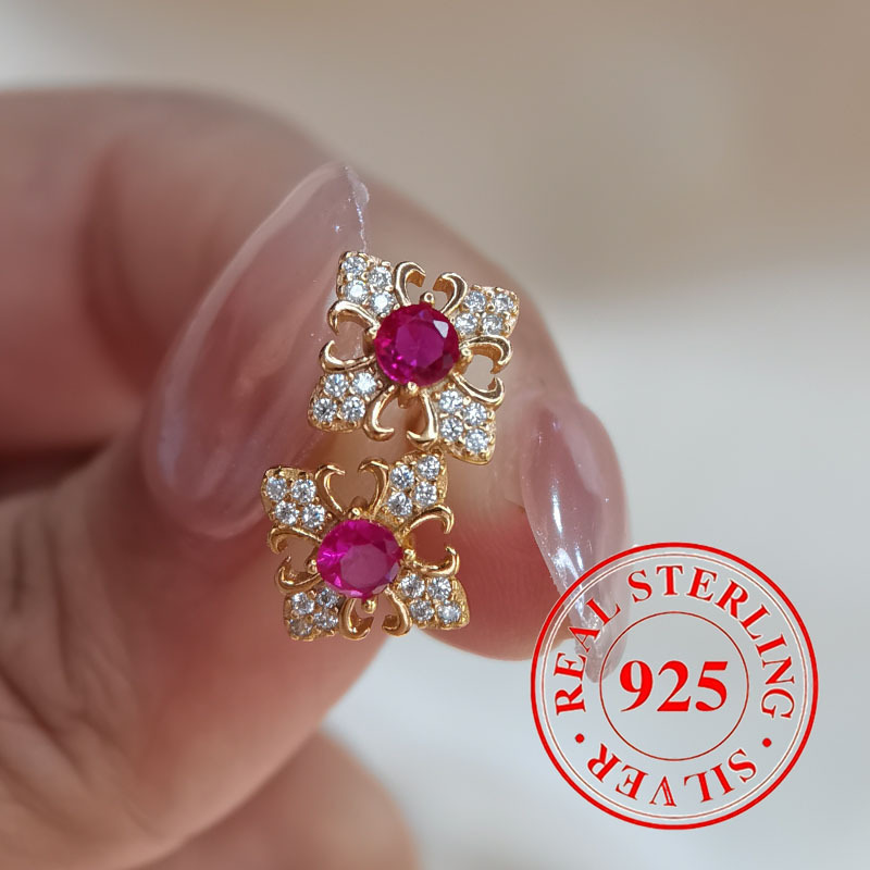 

925 Sterling Silver Hypoallergenic Ruby Zircon Design French Earrings Women's Holiday Dressing Accessory (jewelry 1.1g 0.039oz)