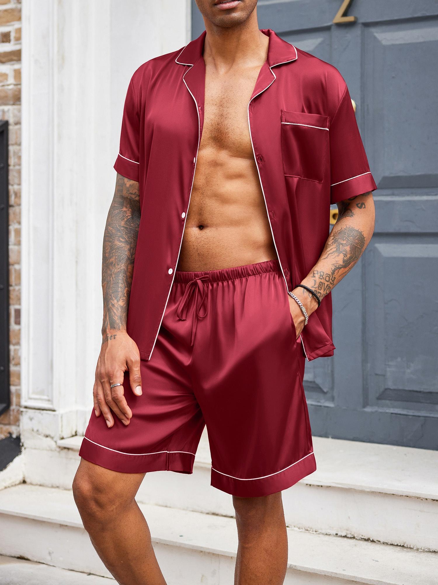 Conjunto de Pijama para Hombre Traje de con Botones, Camisa de Manga  Corta y Pantalones Cortos de Dormir *s con Bolsillos, Tal