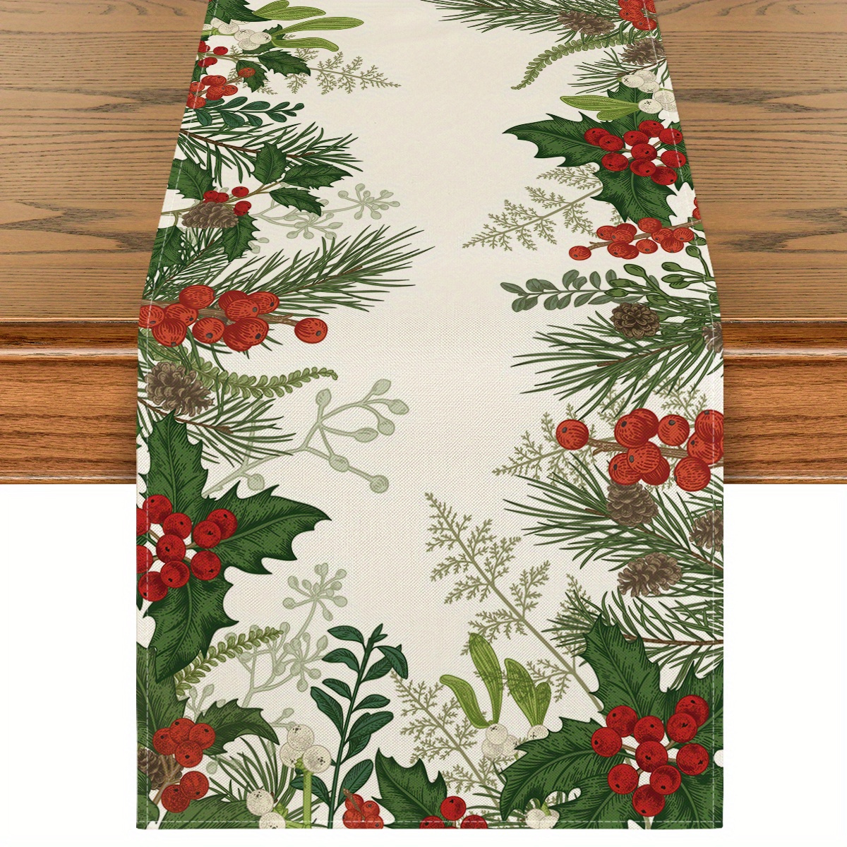 

Sm:)e Holly Pine Cone Christmas Table Runner 13 X 72 Inch And Placemat 12 X 18 Inch Set Of 4, Seasonal Winter Kitchen Dining Table Room Funky Home Decoration For Home Funky Home Decor