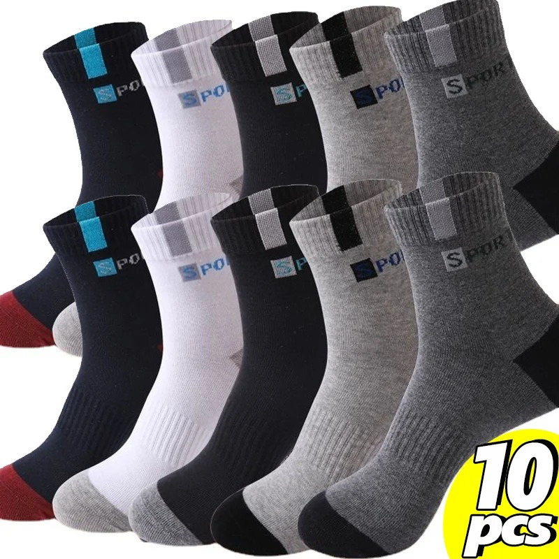 

10 Pairs Men's Polyester Knit Sports Socks, 95% Polyester 5% Spandex, Solid Color, High , Breathable, With Stylish Lettering For Outdoor Running