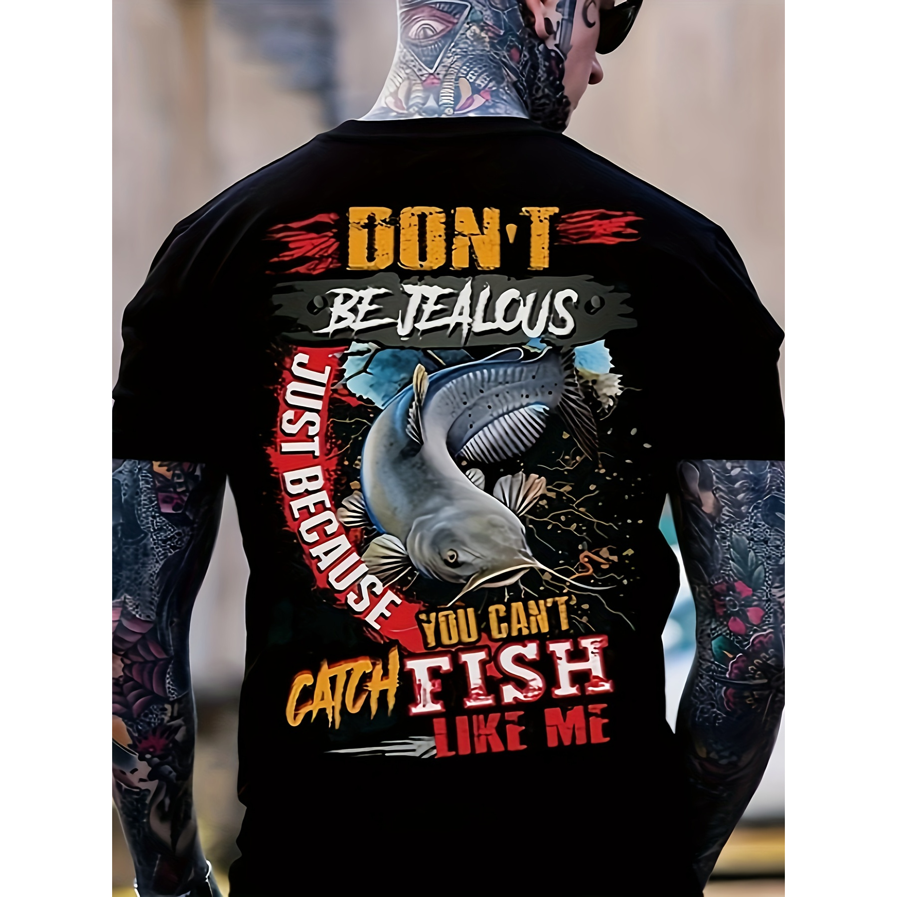 

don't Be "& Fish Print Men's Round Neck Short Sleeve T-shirt, Casual Summer T-shirt, Suitable For And Resort