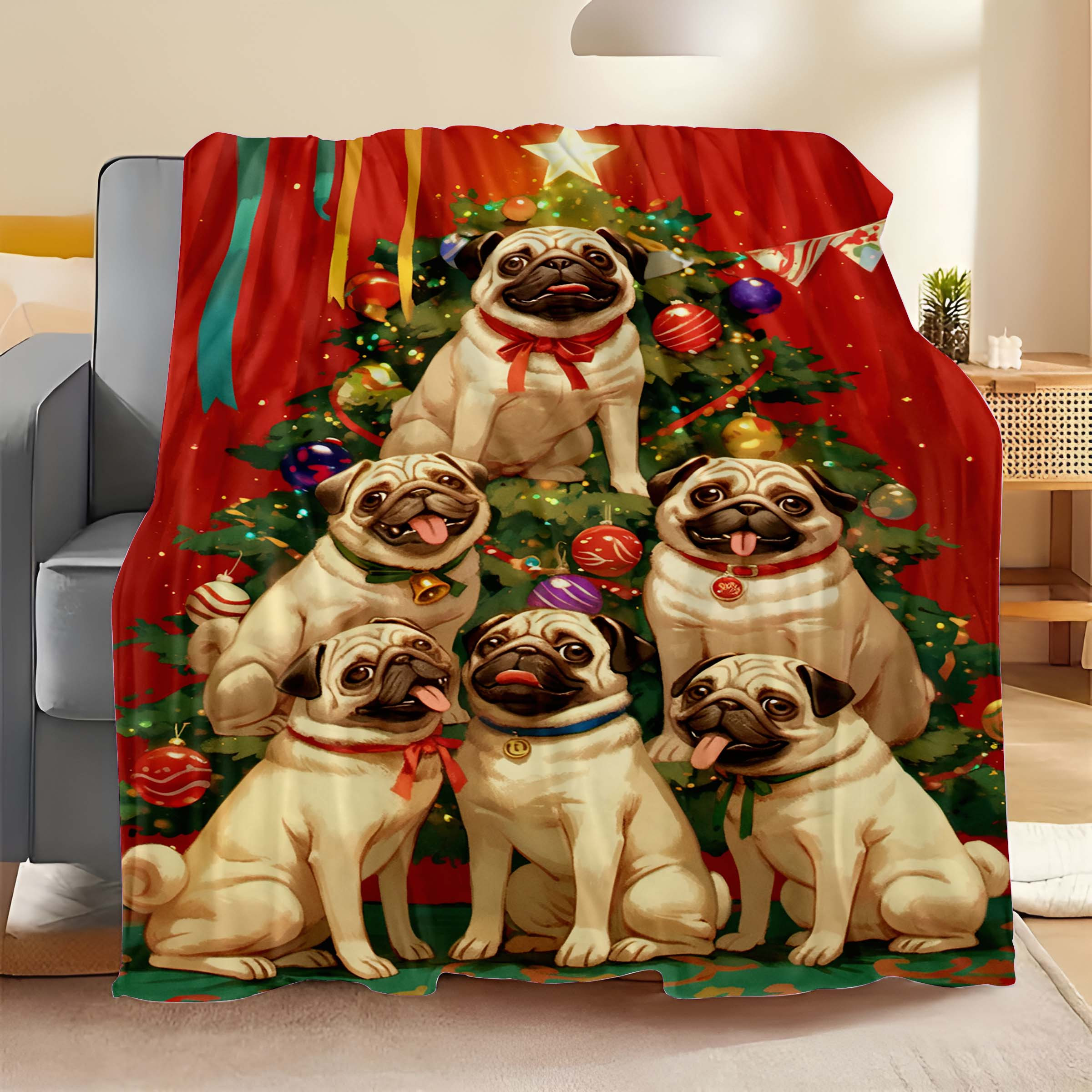 

Festive Christmas Tree Pug Dog Blanket: Adorable Pugs Surround A Decorated Tree, Cozy - 100% Polyester