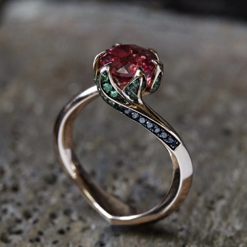 

Rose Gold Inlaid With Red Zircon Ring, Creative Rose Shaped Women's Ring