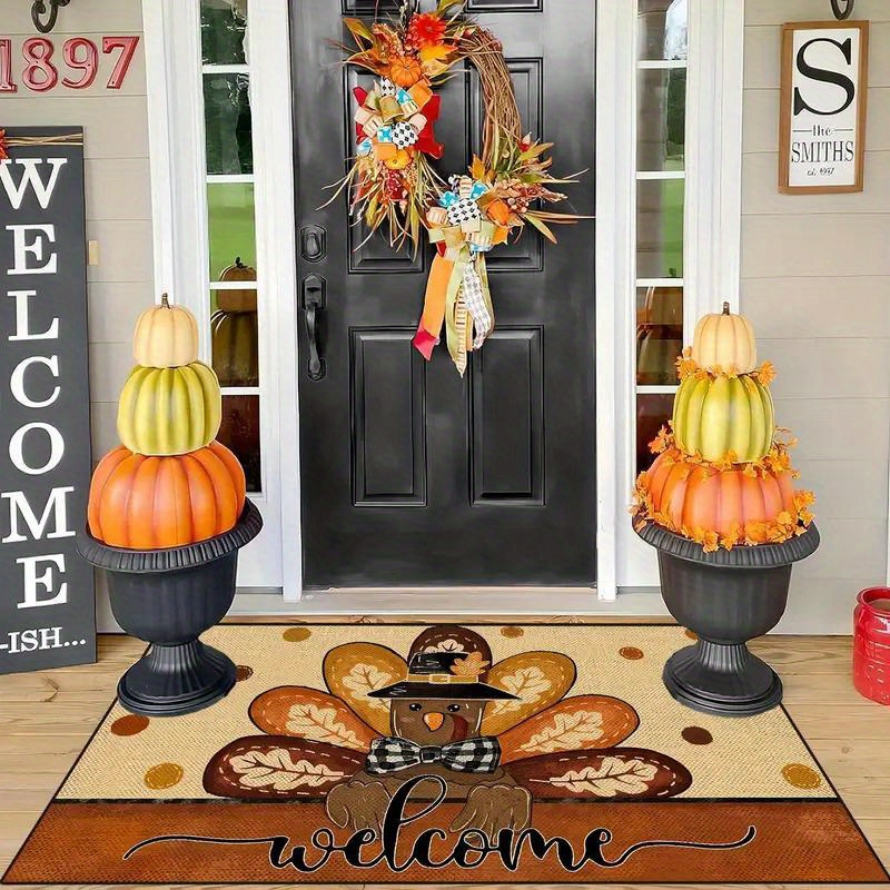 

New Thanksgiving Welcome Doormat - Anti-slip Polyester Mat With Brown Turkey, Hat And For Indoor/ Outdoor Decor, Machine Washable - Ideal For Bedroom, Hallway, Patio - Fall Themed Entrance Mat Good