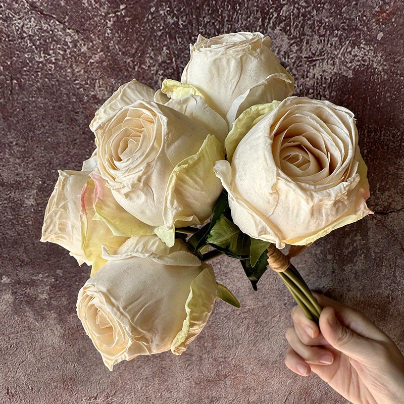7pcs Artificial Rose Bouquet, Bulgarian Dry Roses, Simulated Handheld Flowers For Wedding, Living Room Decor, No Battery Required, Abs Material, Party Floral Arrangement