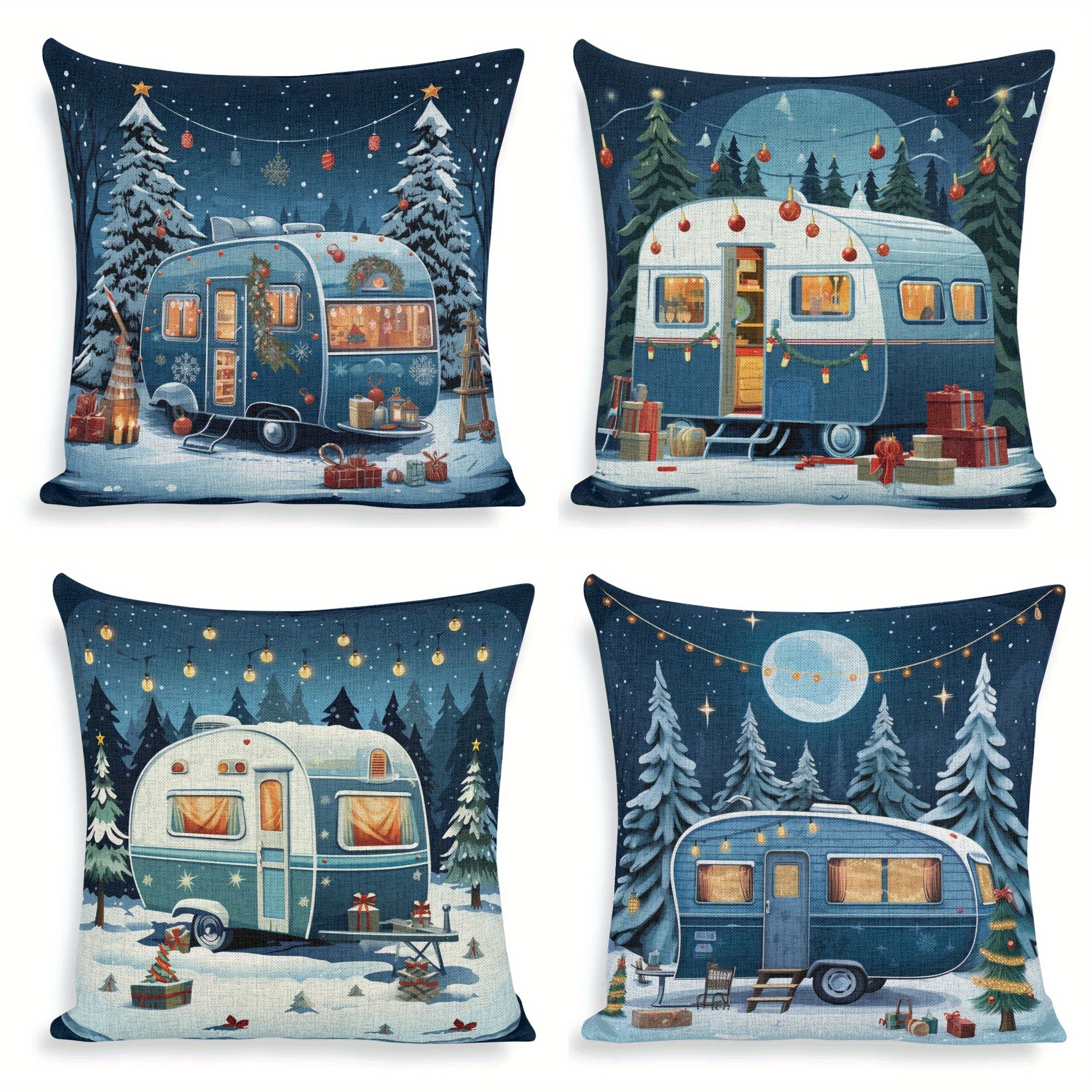 

4pcs, Christmas Camper, Christmas Tree, Christmas Gift, Decorative Pillow Cover, 18x18 Inch Square Pillow Cover, Suitable For Sofa, Chair, Bed, Bedroom, Car, Living Room, Office