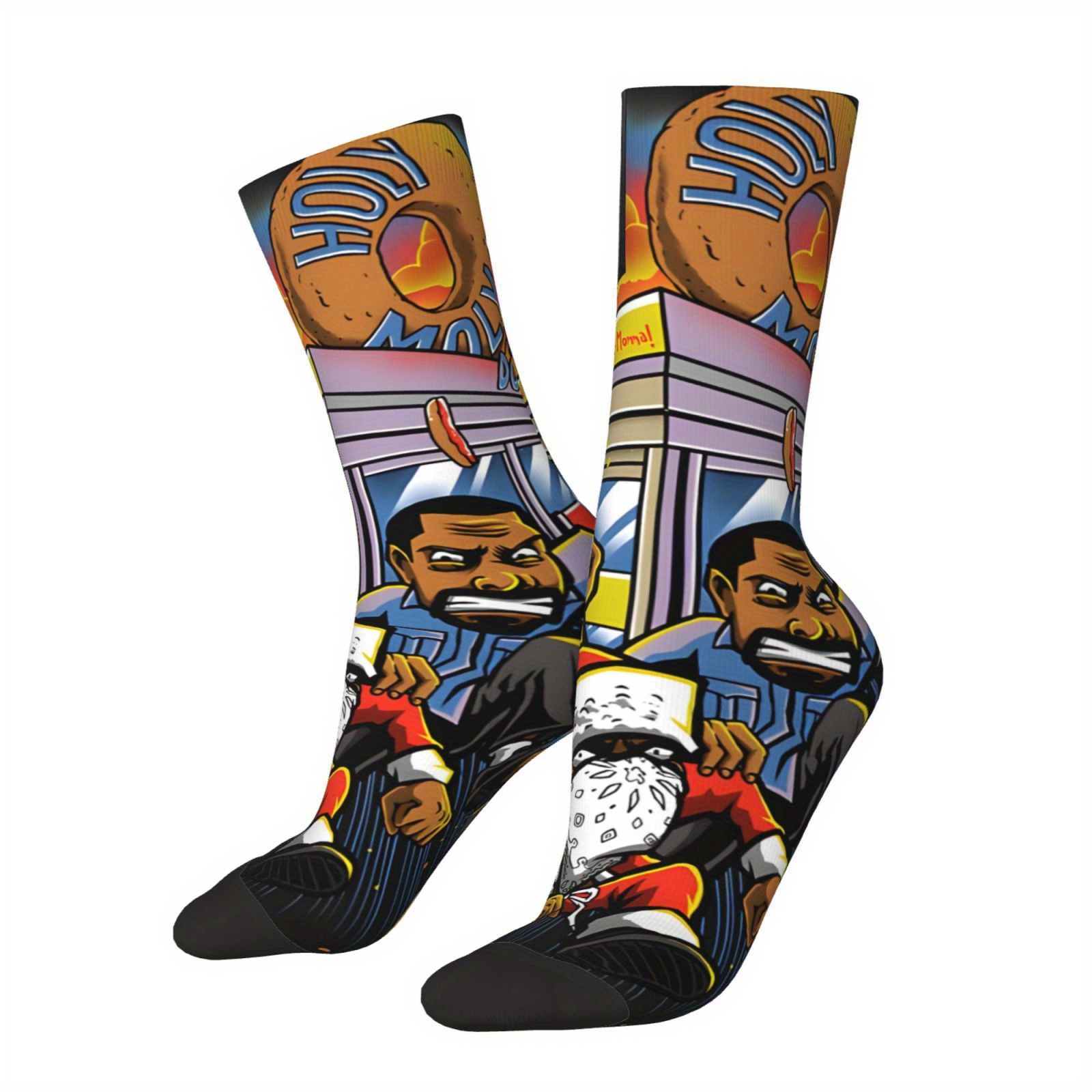 

1 Pair Of Men's " And Day-day" Adventure Crew Socks - Retro Hip Hop Style, Cartoon Scene, Comfortable Polyester , Perfect Casual Or Novelty Gift, Funny Socks