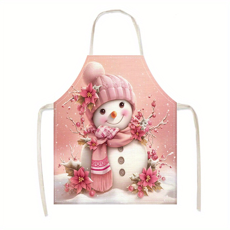 

Christmas Snowman Printed Linen Apron - 1pc, Stain Resistant, Durable, Fashionable, Sleeveless Cleaning Apron For Baking And Parties