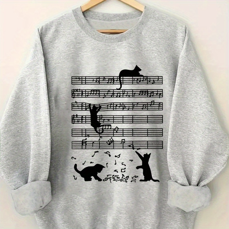 

Casual Polyester Crew Neck Sweatshirt With Cat And Music Note Print - Fall/winter Long Sleeve Knit Fabric Pullover For Women - Animal Pattern Sweater