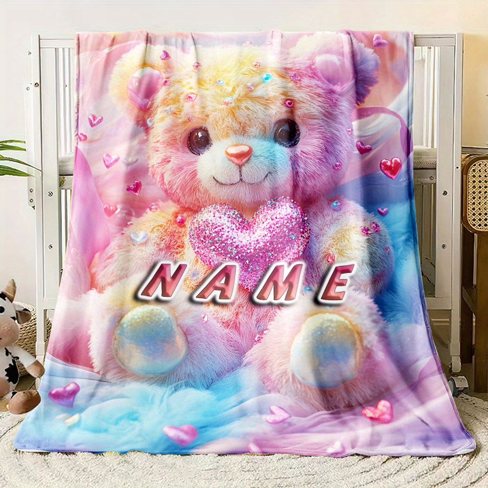 TEMU Couverture douce et chaude 1 pièce personnalisée avec nom, imprimé ours coloré - Plaid léger en flanelle pour canapé, drap de lit, chambre,