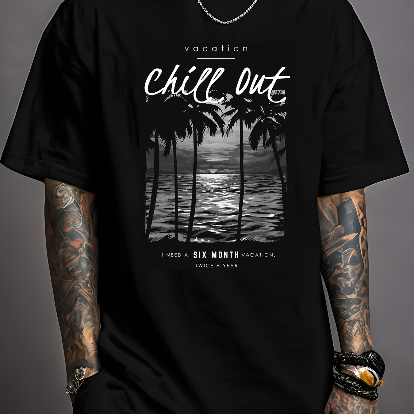 

Palm Tree Creative Print T-shirt, Short Sleeve Shirt - Breathable, Comfortable, Slightly Stretchy, Casual And Stylish Summer Top For Men